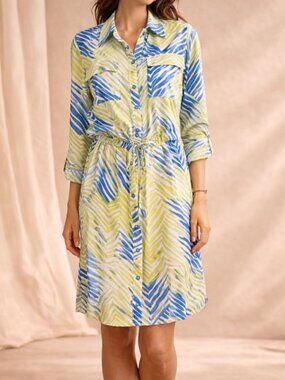 St. John Silk Shirt Dress Green Blue Print Drawstring Waist Size 8